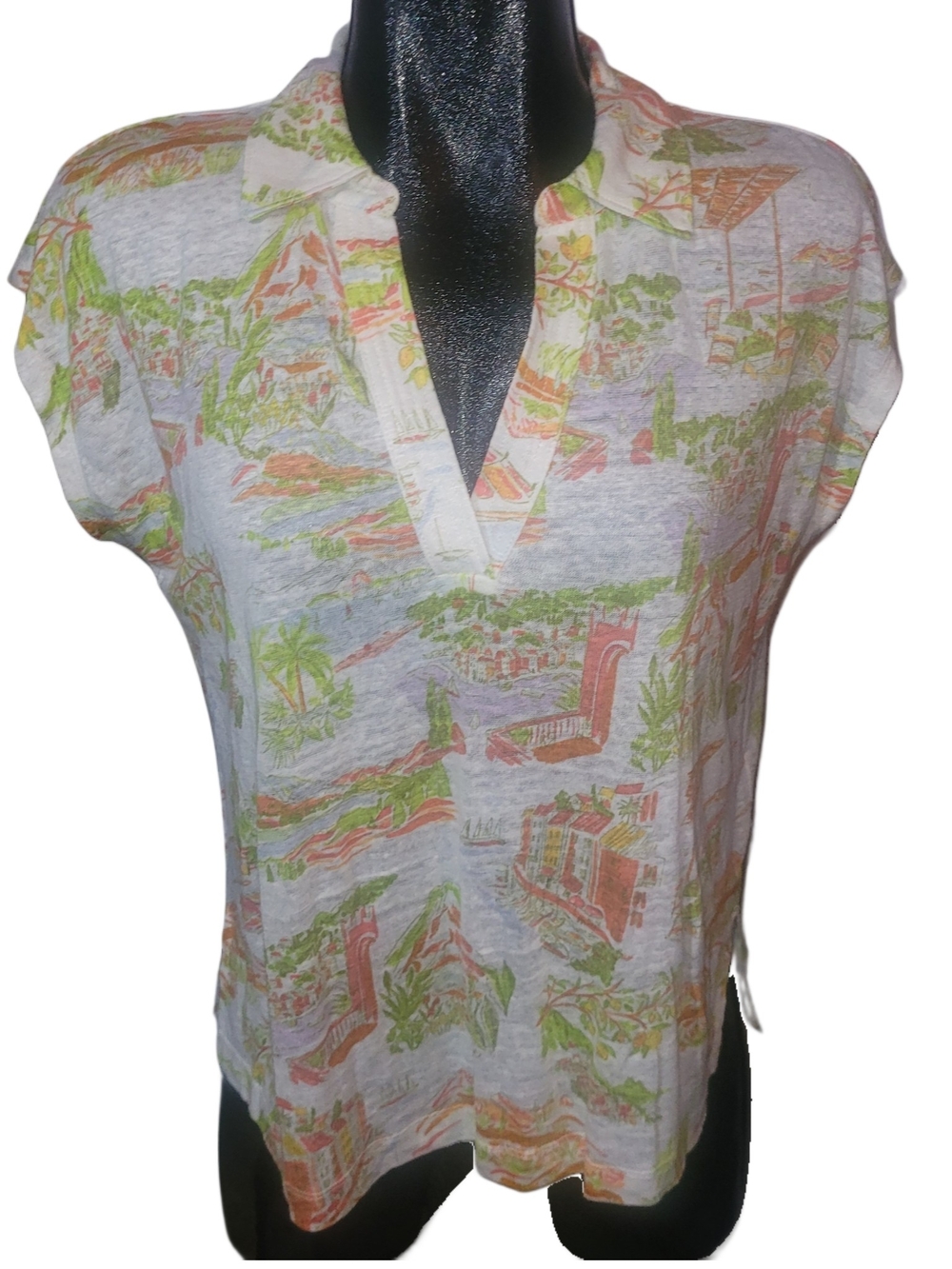 Cynthia Rowley 100% Linen Tropical Scenic Printed Short Sleeve Top Size M